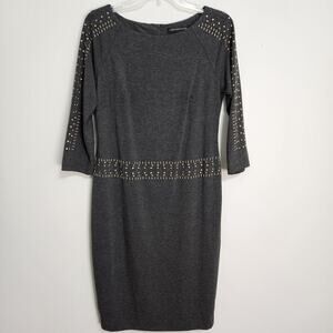 CHRIS McLAUGHLIN Charcoal Sheath Career Dress w/Brass Studs Lined Size 8 EUC